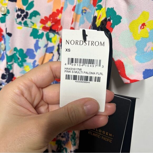 Halogen x Atlantic Pacific Smocked Utility Midi Dress in Pink Multi Paloma  XS - Picture 7 of 14